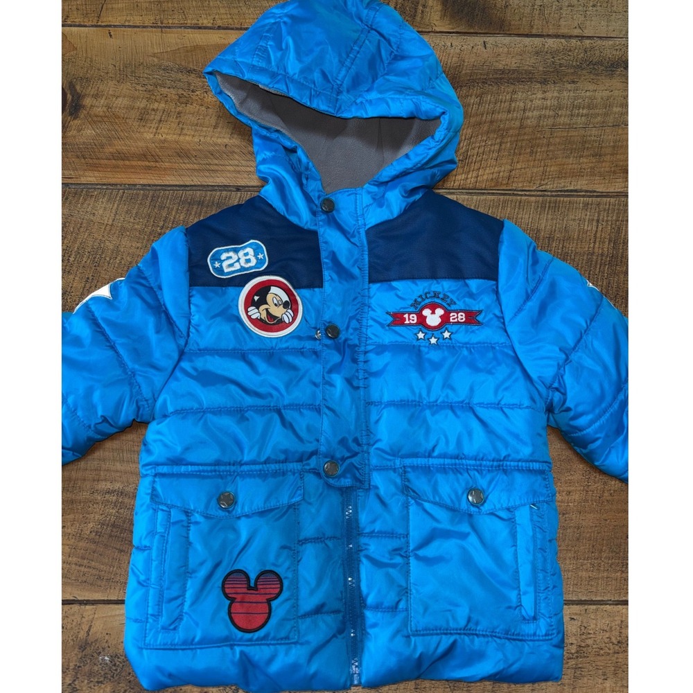 Disney Mickey Mouse Kids Blue Puffer Coat Patches Full Zip Hooded Size 4